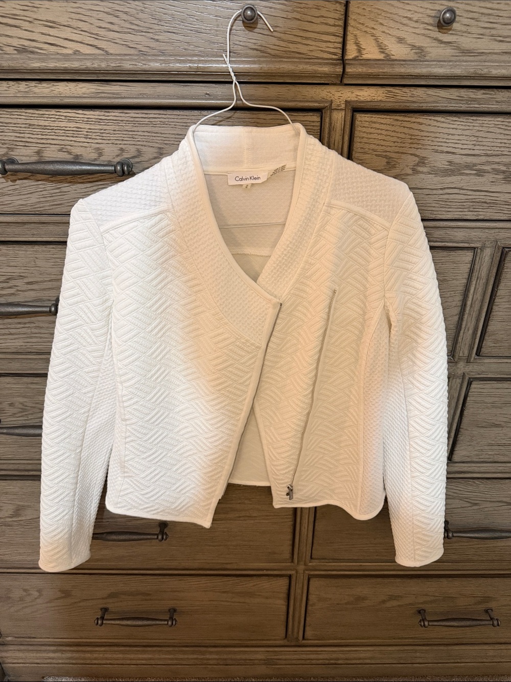 Calvin Klein White Textured Asymmetrical Zip Jacket